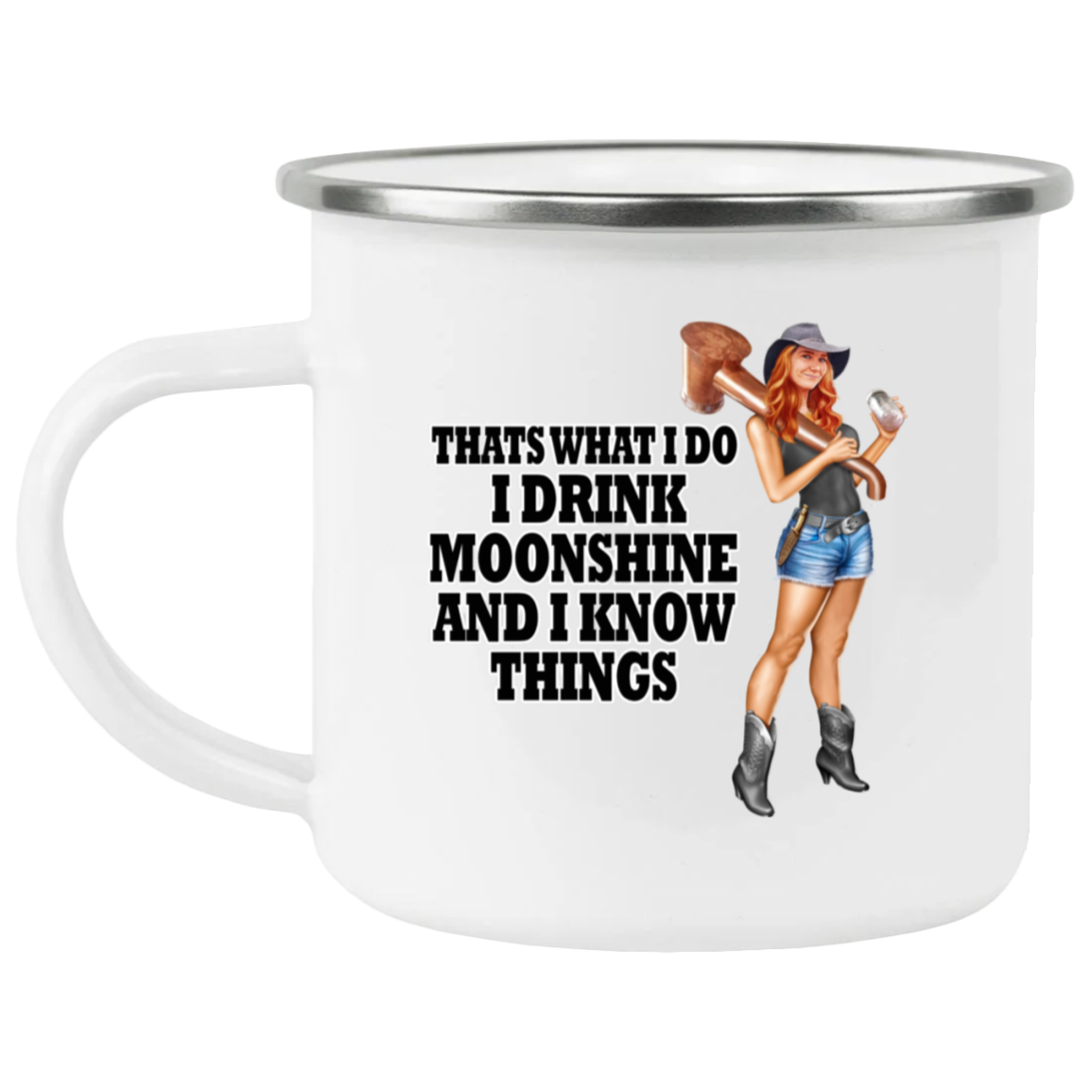 Mug - 12 oz. Enamel Camping - I Drink Moonshine and I Know Things